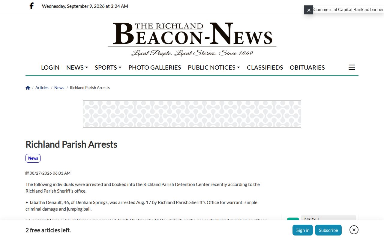 Beacon-News Richland Parish Arrests article with publication and covered-week context