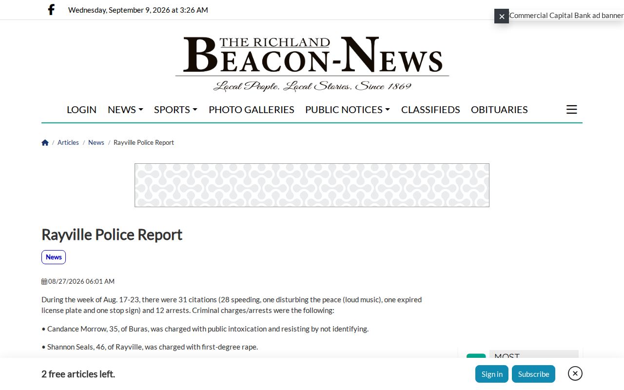 Richland Beacon-News Rayville Police Report page showing a dated weekly city report