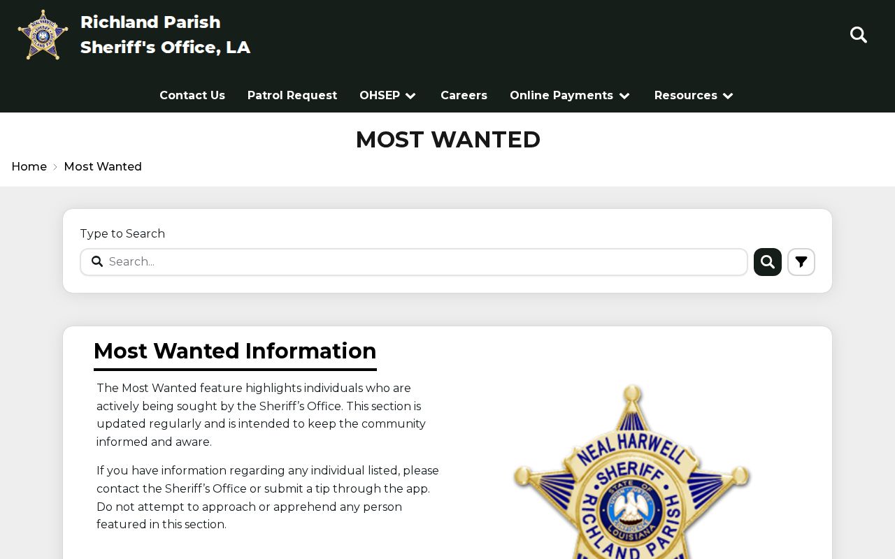 Richland Parish Sheriff's Office Most Wanted page shell