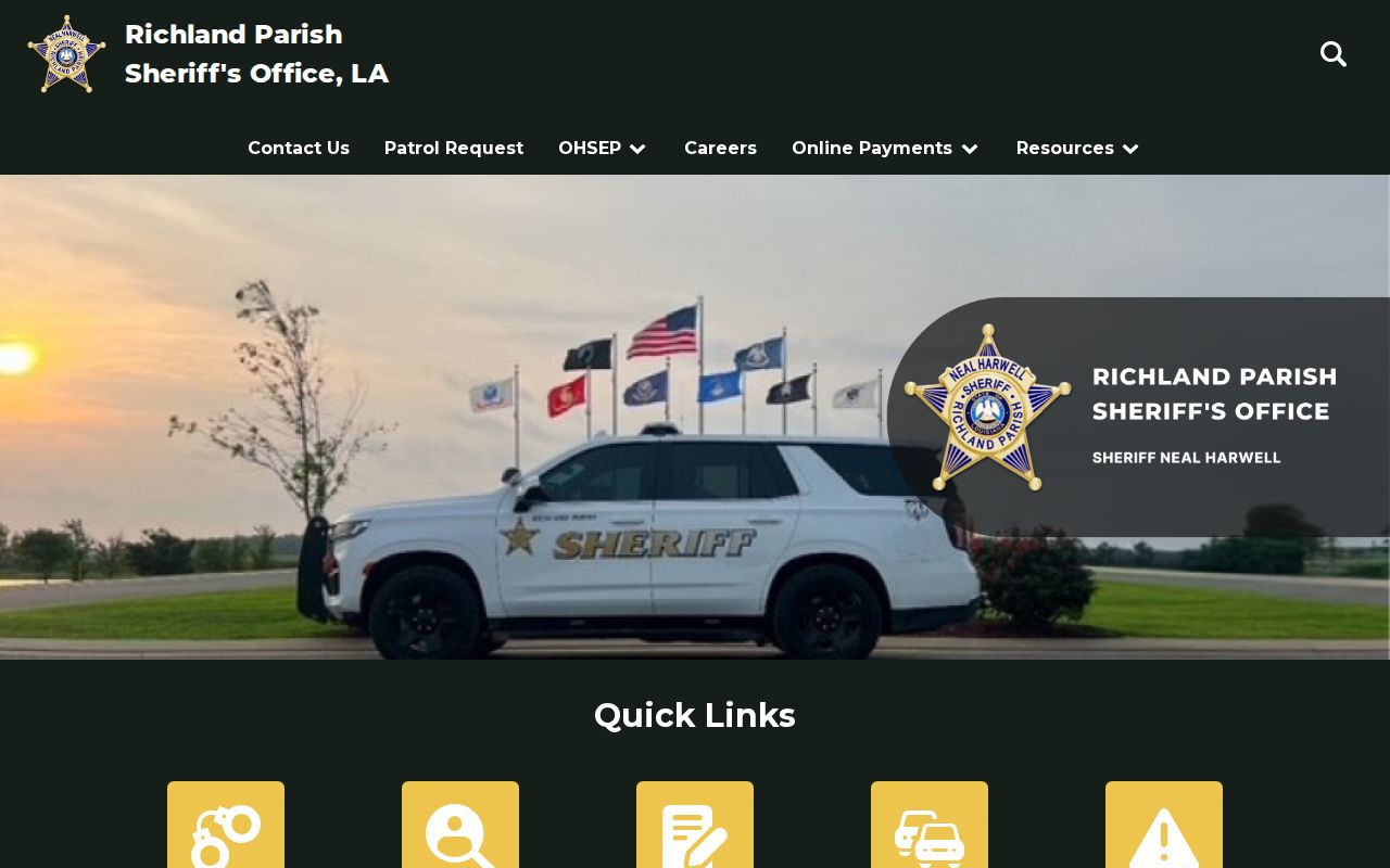 Richland Parish Sheriff's Office website with official inmate search navigation