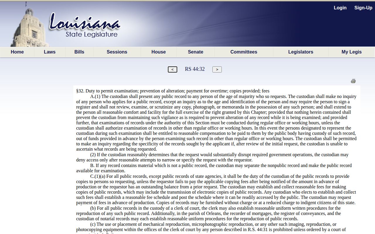 Louisiana public records inspection and copy law page
